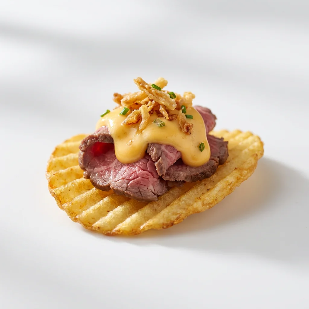 Roast Beef Melt served as one visible BOLD & THICK crisp canapé on a white seamless background