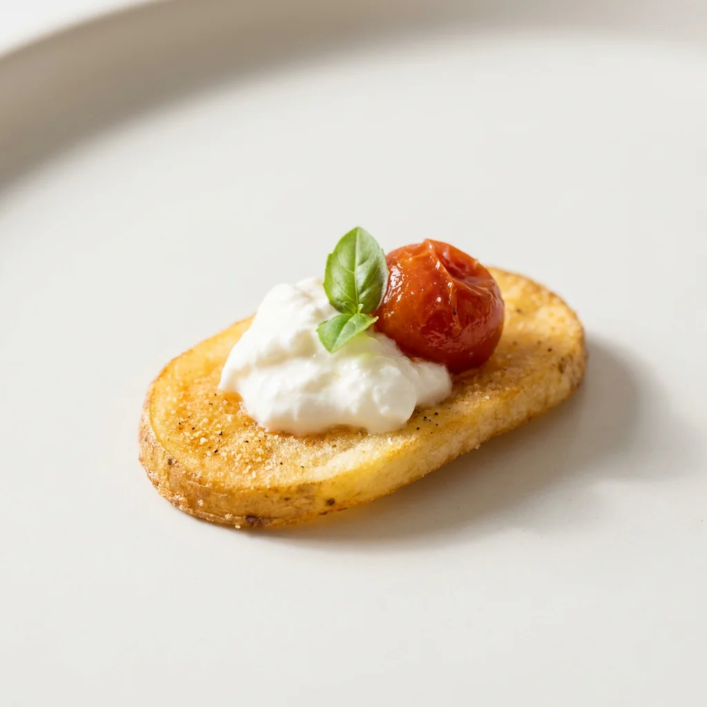 Burrata Dream served as one visible BOLD & THICK crisp canapé on a white seamless background