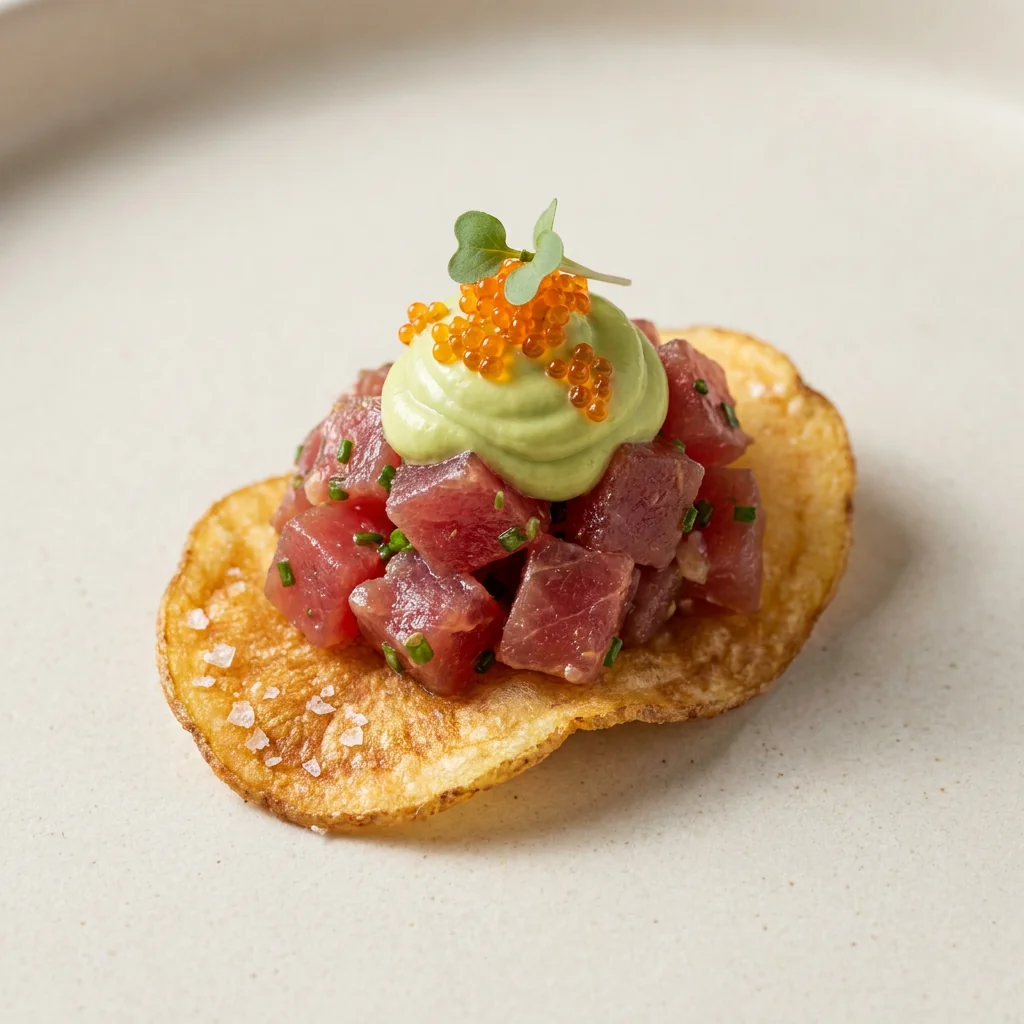 Asian Tuna served as one visible BOLD & THICK crisp canapé on a white seamless background
