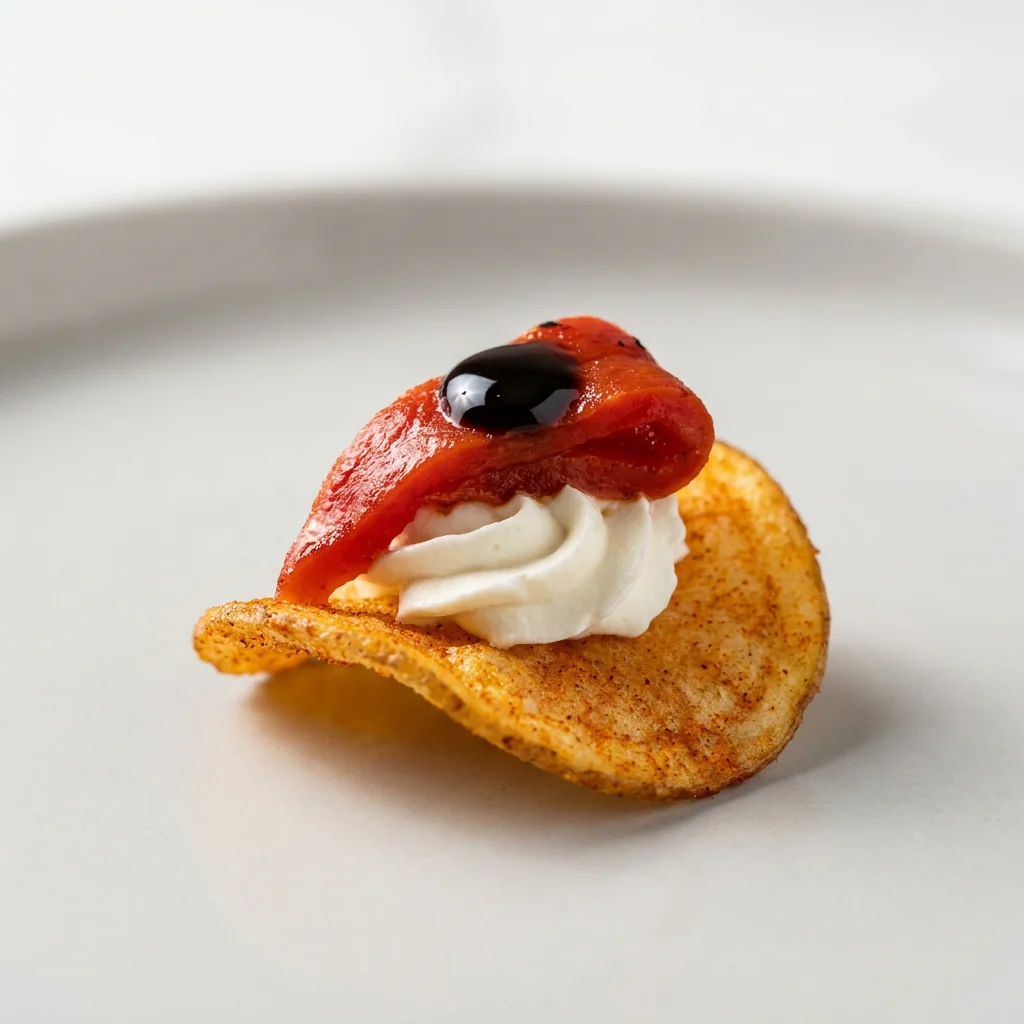 Red Pepper Pearl served as one visible BOLD & THICK crisp canapé on a white seamless background