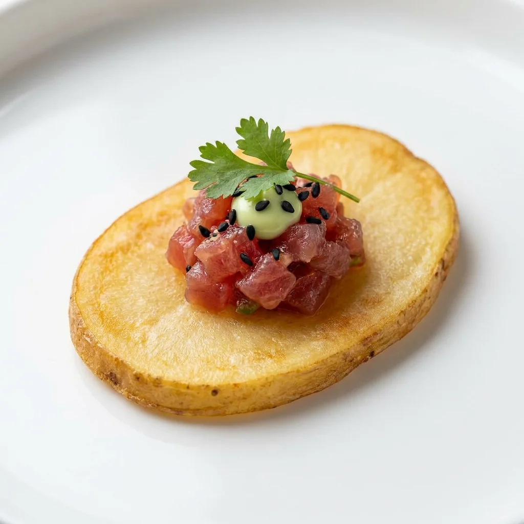Tuna Tartare served as one visible BOLD & THICK crisp canapé on a white seamless background